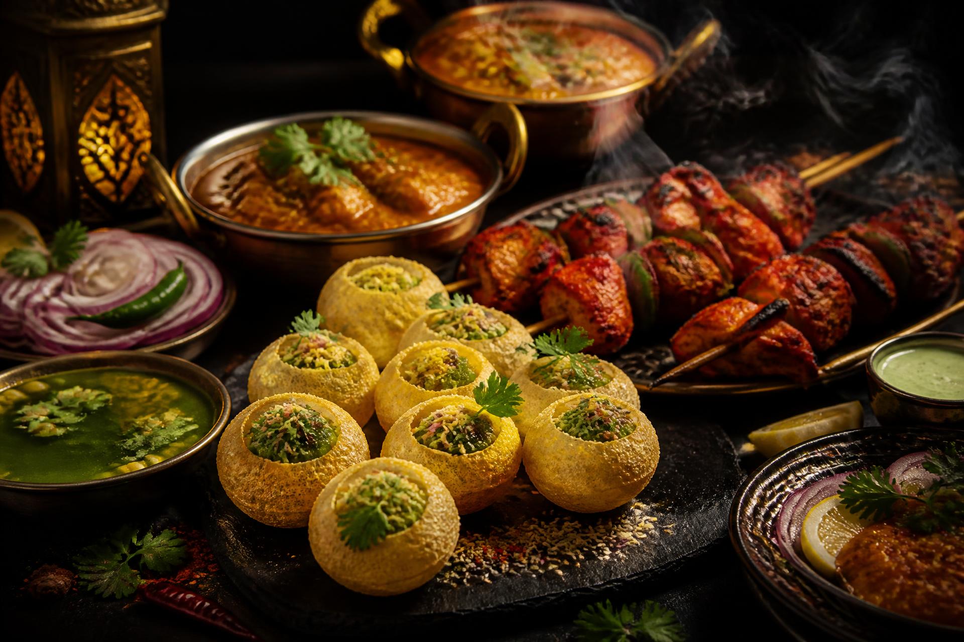 Indian street food spread with pani puri, curry and tandoori skewers
